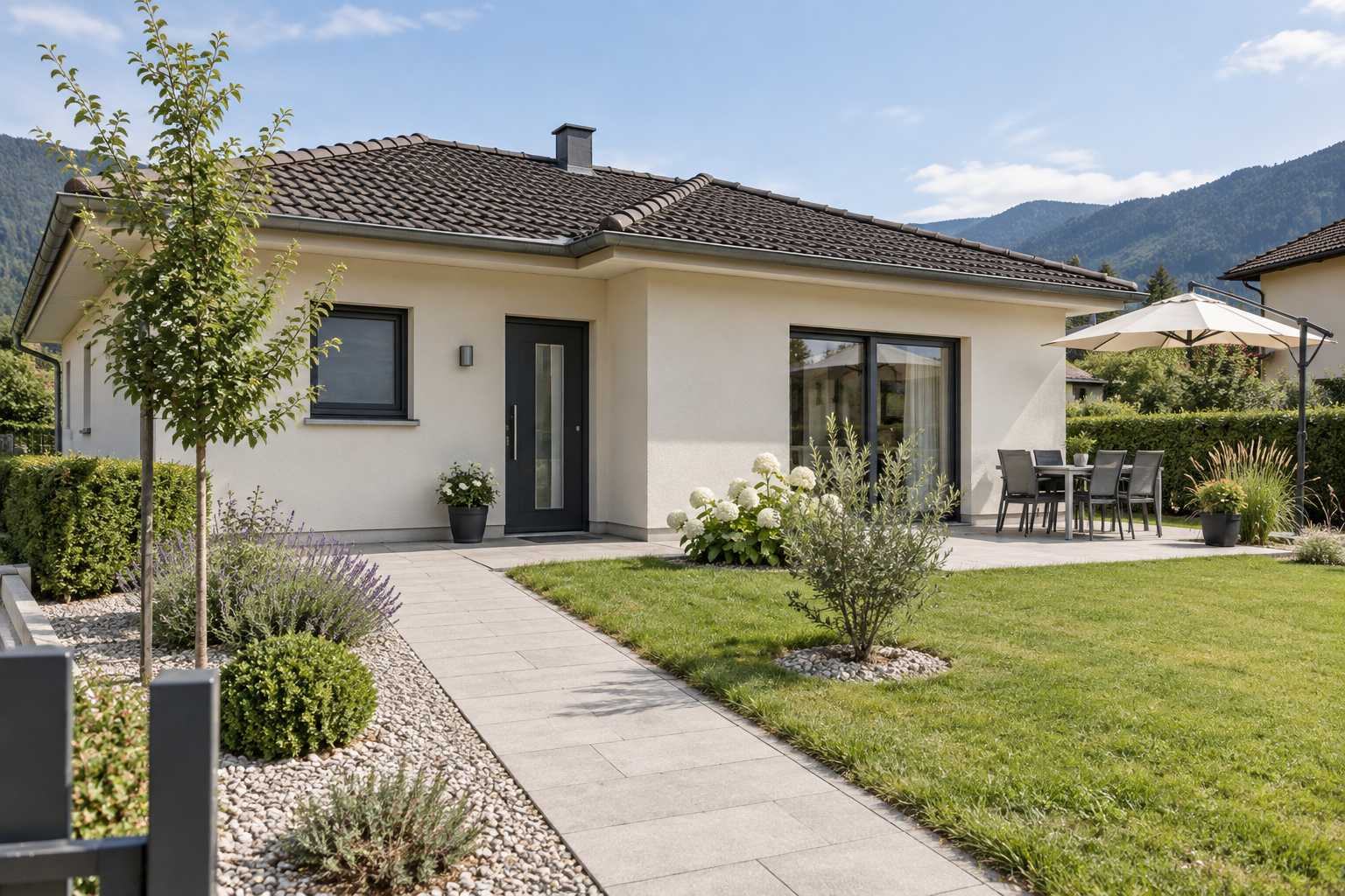Bungalow mit ebenem Zugangsweg, Terrasse und kleinem Garten