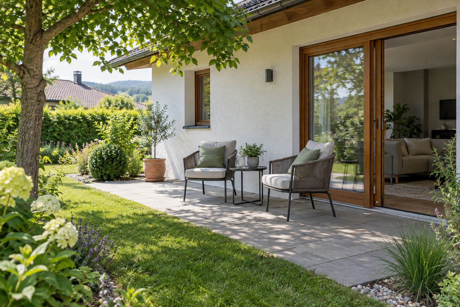 Terrasse mit zwei Stühlen und einem kleinen Garten am Haus